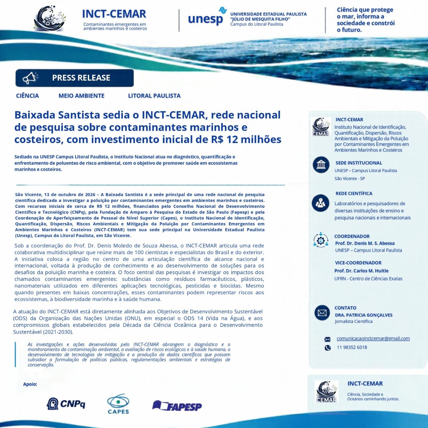 Baixada Santista sedia o INCT-CEMAR, rede nacional de pesquisa sobre contaminantes marinhos e costeiros, com investimento inicial de R$ 12 milhões