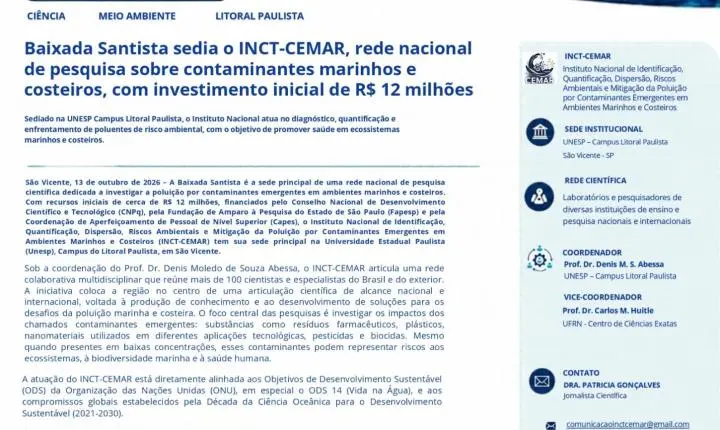 Baixada Santista sedia o INCT-CEMAR, rede nacional de pesquisa sobre contaminantes marinhos e costeiros, com investimento inicial de R$ 12 milhões